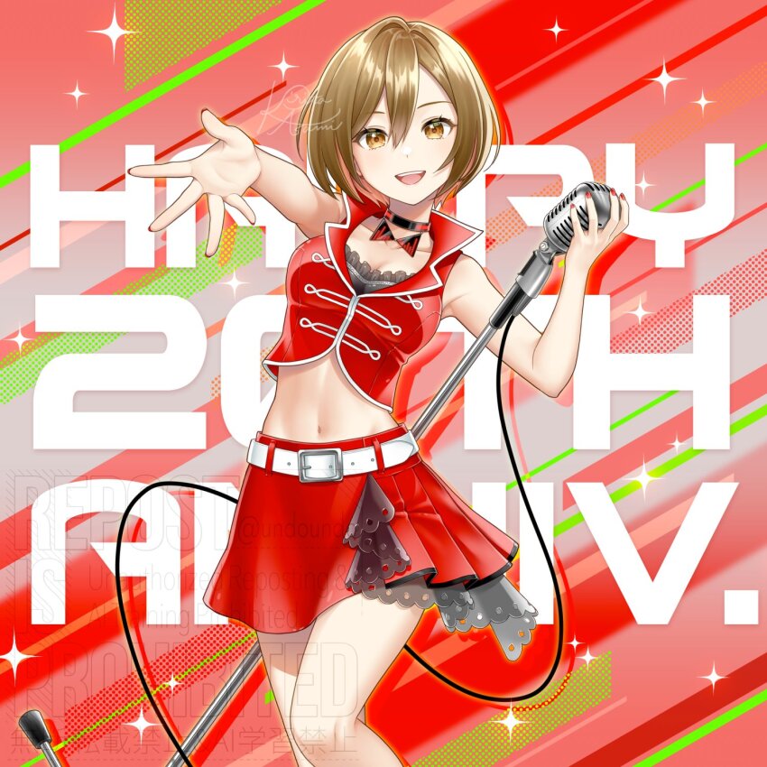 1girl :d belt black_choker bob_cut brown_eyes brown_hair choker collarbone colored_inner_hair crop_top happy_anniversary highres holding holding_microphone holding_microphone_stand kirita_asami looking_at_viewer meiko_(vocaloid) microphone microphone_stand multicolored_hair open_mouth outstretched_arm red_nails red_skirt signature skirt smile solo teeth tongue upper_teeth_only vocaloid watermark white_belt