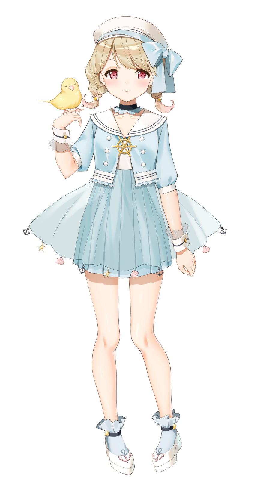 1girl absurdres bird bird_on_hand blonde_hair blue_skirt blue_socks braid buttons choker collarbone double-breasted full_body hat highres kinako_(shiratama_mochi) kogara_toto kogara_toto_(1st_costume) layered_skirt lupinus_virtual_games official_art parted_bangs pleated_skirt puffy_short_sleeves puffy_sleeves red_eyes sailor_collar sailor_hat sailor_shirt second-party_source see-through_skirt_layer shirt shoes short_sleeves skirt socks solo transparent_background twin_braids virtual_youtuber vspo! white_hat white_shoes wrist_cuffs yellow_bird