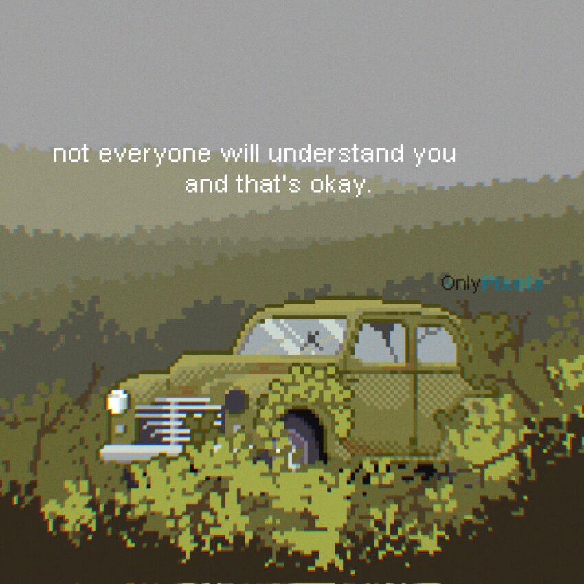 abandoned abandoned_car broken_glass broken_window bush dark_foreground english_text glass green_theme grey_sky highres monochrome muted_color no_humans onlypixeeels original outdoors overgrown pixel_art scenery sky