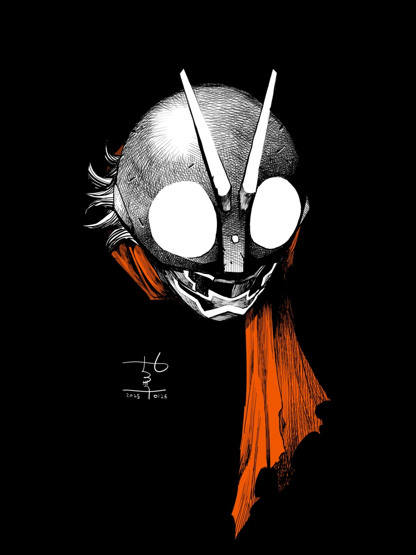 1boy absurdres antennae armor black_background black_hair bug compound_eyes glowing glowing_eyes grasshopper helmet highres insect kamen_rider kamen_rider_1 kamen_rider_1_(shin) limited_palette male_focus manabu_yashiro partially_colored red_scarf scarf shin_japan_heroes_universe shin_kamen_rider simple_background solo spot_color tokusatsu
