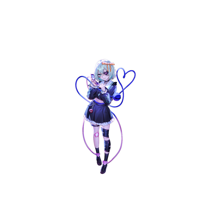 1girl alternate_costume black_choker black_shirt black_skirt black_socks blue_hair bow brown_shoes cellphone choker collared_shirt eyeball eyepatch flip_phone frilled_shirt_collar frilled_skirt frills full_body game_cg green_eyes hair_bow heart heart_of_string highres holding holding_phone komeiji_koishi long_sleeves looking_at_viewer midriff navel non-web_source official_art phone second-party_source shirt shoes skirt smile socks solo thigh_strap third_eye touhou touhou_gensou_eclipse transparent_background u_u_zan yellow_bow