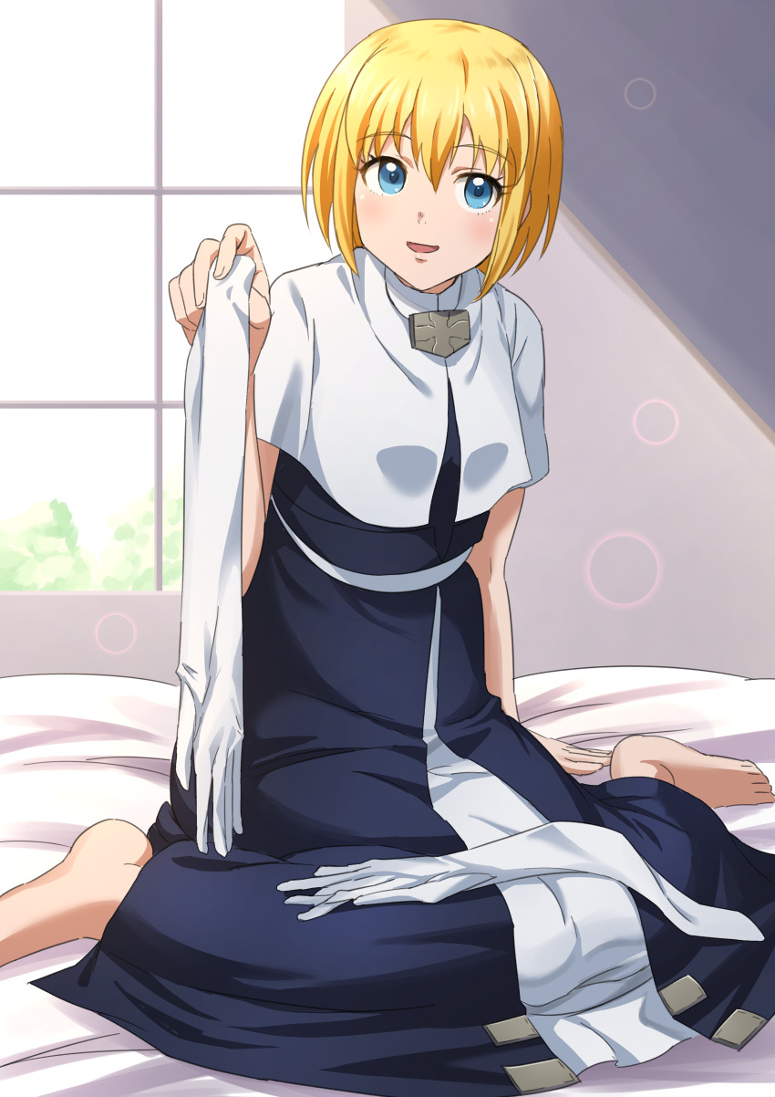 1girl absurdres barefoot black_dress blonde_hair blue_eyes blush capelet commentary_request commission dress elbow_gloves en&#039;en_no_shouboutai gloves habit highres indoors iris_(en&#039;en_no_shouboutai) iris_(enen_no_shouboutai) looking_at_viewer nun on_bed pixiv_commission short_hair sitting sleeveless sleeveless_dress solo sunlight takatsuki_p toes unworn_gloves white_capelet white_gloves window