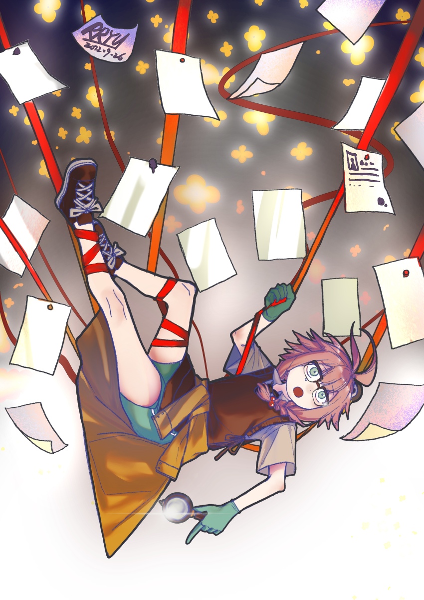 1girl absurdres arknights artist_name brown_shoes brown_vest commentary_request dated glasses gloves green_eyes green_gloves green_shorts highres holding holding_magnifying_glass jacket magnifying_glass may_(arknights) open_mouth papers pink_hair rryy semi-rimless_eyewear shoes short_hair_with_long_locks shorts sidelocks sneakers solo tied_jacket vest