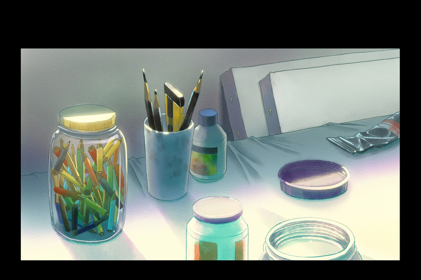 black_border border canvas_(object) cup jar lid no_humans original paint_tube pencil shadow slow_d still_life sunlight table tablecloth