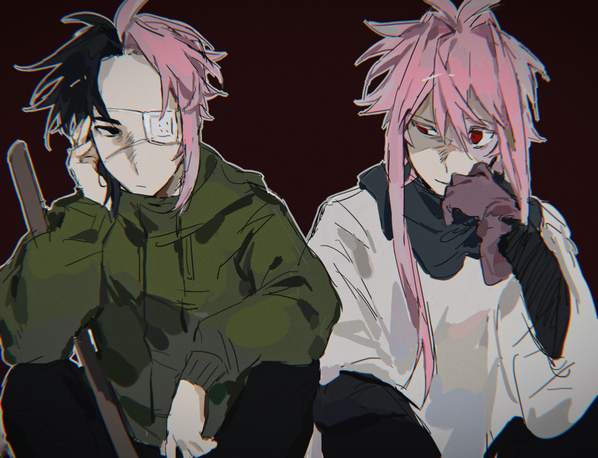 2boys absurdres antenna_hair black_eyes black_hair black_pants chinese_commentary closed_mouth colored_eyelashes expressionless eyepatch gloves green_jacket hair_between_eyes hair_intakes highres jacket layered_sleeves lei_renqun_xing_shanyao_shi long_sleeves male_focus medical_eyepatch multicolored_hair multiple_boys mutsushika_misumi nijou_ryuu outline pants patchwork_skin pink_hair purple_gloves red_background red_eyes saibou_shinkyoku shirt short_hair_with_long_locks short_over_long_sleeves short_sleeves simple_background smile split-color_hair squatting two-tone_hair uneven_eyes white_outline white_shirt