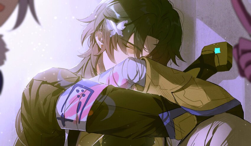 1boy bandaged_hand bandages black_sleeves blade_(honkai:_star_rail) butterfly_hair_ornament closed_eyes coat commentary gloves grey_hair grey_pants hair_ornament highres holding holding_sword holding_weapon honkai:_star_rail honkai_(series) kafka_(honkai:_star_rail) long_hair long_sleeves male_focus multiple_girls open_mouth pants parted_bangs prank puffy_coat purple_gloves silver_wolf_(honkai:_star_rail) sleeping solo_focus sword symbol-only_commentary weapon zassyoku_dd