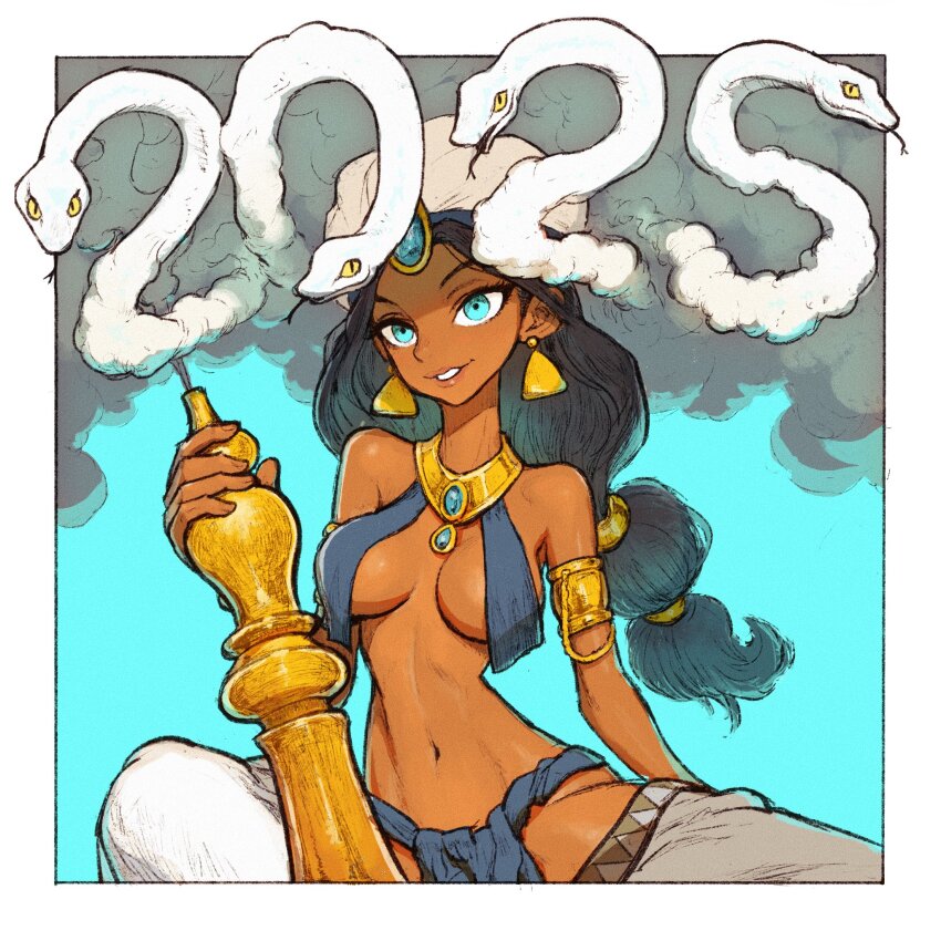 1girl 2025 arabian_clothes armlet blue_background blue_eyes border breasts chinese_zodiac dark-skinned_female dark_skin dated dattosan earrings female_focus gold_armlet highres jewelry large_breasts long_hair looking_at_viewer navel no_bra original outside_border ponytail simple_background smoke solo white_border year_of_the_snake