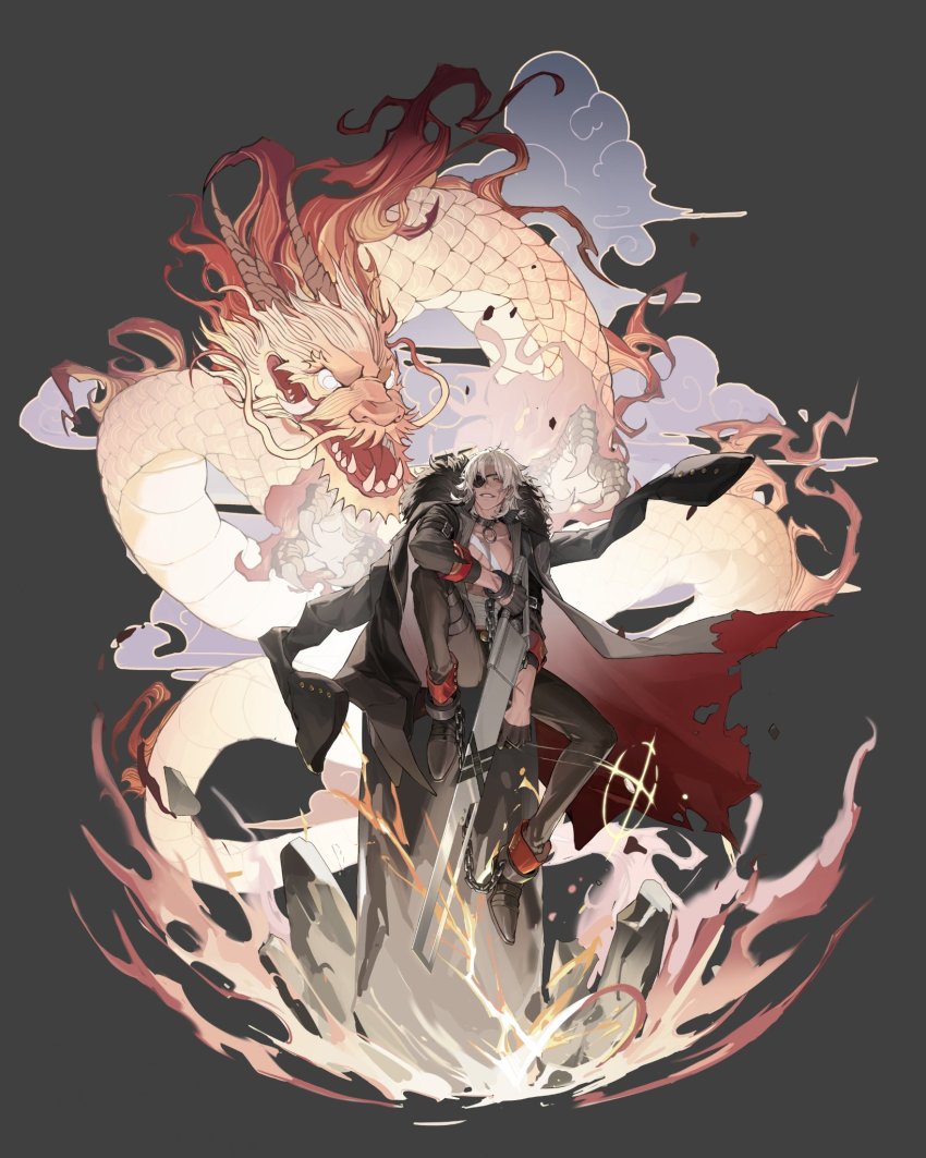 1boy alchemy_stars bandages belt black_coat black_gloves black_pants black_shoes chain coat coat_on_shoulders collar collarbone commentary cuffs dark-skinned_male dark_skin dragon eastern_dragon eyepatch full_body fur-trimmed_coat fur_trim ghost_hobby22 glint gloves grey_background grey_hair grey_shirt grin half_gloves highres holding holding_jewelry holding_necklace holding_sword holding_weapon jewelry loafers long_sleeves looking_at_viewer male_focus medium_hair necklace open_clothes open_shirt pants popped_collar red_eyes scar scar_across_eye scar_on_arm scar_on_chest scar_on_face shackles shirt shoes simple_background sitting smile solo striped_clothes striped_shirt sword taki_(alchemy_stars) thigh_strap weapon