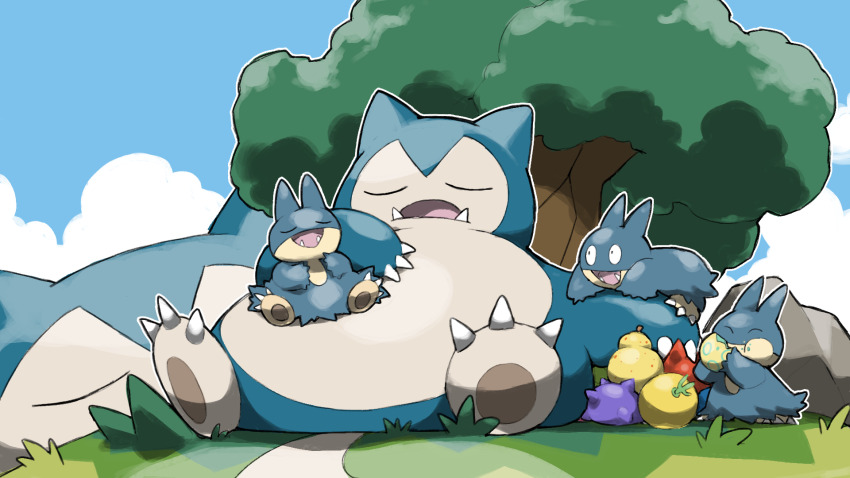^_^ berry_(pokemon) blacknirrow blue_sky claws closed_eyes cloud commentary creatures_(company) eating english_commentary evolutionary_line fangs game_freak gen_1_pokemon gen_4_pokemon happy highres lying munchlax nintendo on_back on_grass open_mouth outdoors pokemon pokemon_(creature) sitrus_berry sitting sky smile snorlax standing tree