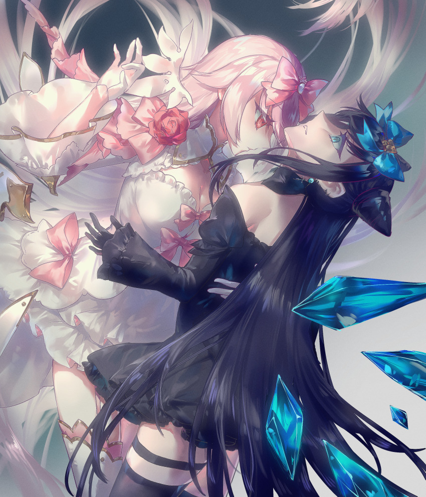 2girls absurdres arcaea bow breasts bug butterfly cleavage dress flipped_hair flower garter_straps gloves highres hikari_(arcaea) hikari_(fatalis)_(arcaea) insect irisolar long_sleeves medium_breasts multiple_girls pink_bow pink_eyes pink_flower pink_hair pink_rose red_butterfly rose sidelocks solo sword tairitsu_(arcaea) tairitsu_(tempest)_(arcaea) thigh_strap thighhighs weapon white_dress white_gloves white_thighhighs wide_sleeves yuri