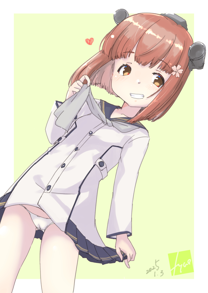 1girl absurdres artist_logo black_sailor_collar brown_eyes brown_hair dress flower fyuo green_background grey_neckerchief grin hair_flower hair_ornament headgear highres kantai_collection logo neckerchief one-hour_drawing_challenge panties sailor_collar sailor_dress short_hair skirt_hold smile solo speaking_tube_headset underwear white_panties yukikaze_(kancolle) yukikaze_kai_ni_(kancolle)