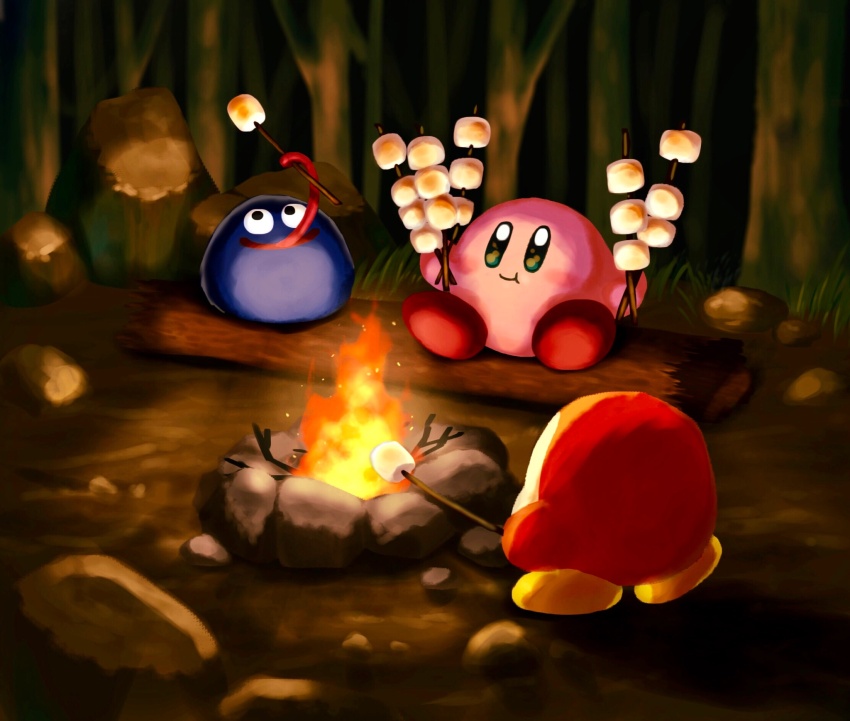 :t aruco_co blue_eyes blush blush_stickers campfire closed_mouth eating facing_away fire food forest from_behind gooey_(kirby) grass highres holding holding_stick kirby kirby_(series) log long_tongue looking_up marshmallow nature night nintendo no_humans open_mouth outdoors roasted_marshmallow rock sitting sitting_on_log smile stick tongue tongue_hold tongue_out tree waddle_dee
