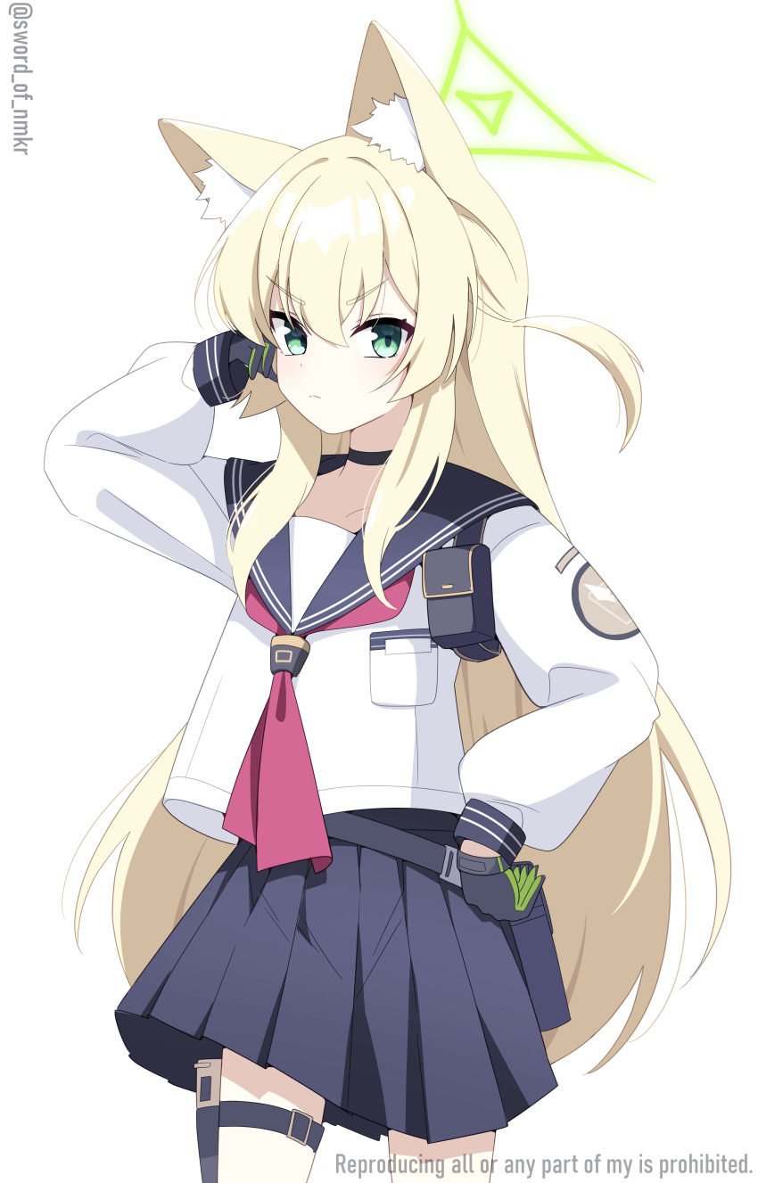 absurdres animal_ears belt blonde_hair blue_archive blue_sailor_collar blue_skirt breasts choker fox_ears fox_girl fox_platoon_(blue_archive) green_eyes green_halo gunbelt hair_between_eyes halo highres holster kurumi_(blue_archive) murasame_(sword_of_nmkr) neckerchief red_neckerchief sailor_collar school_uniform serafuku shirt simple_background skirt small_breasts thigh_holster thighs white_background white_shirt
