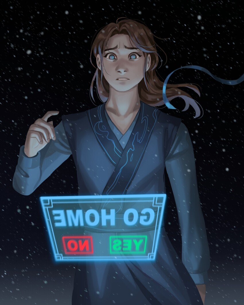 1boy black_background blue_hanfu blue_light blue_ribbon brown_eyes brown_hair chinese_clothes commentary cowboy_shot dark_background english_commentary english_text eye_reflection frown glowing hand_up hanfu highres holographic_interface long_hair long_sleeves looking_at_viewer male_focus mirrored_text night night_sky open_mouth parted_bangs reflection renzha_fanpai_zijiu_xitong ribbon scene_reference shang_qinghua sky snow snowing solo standing tadpole_art user_interface