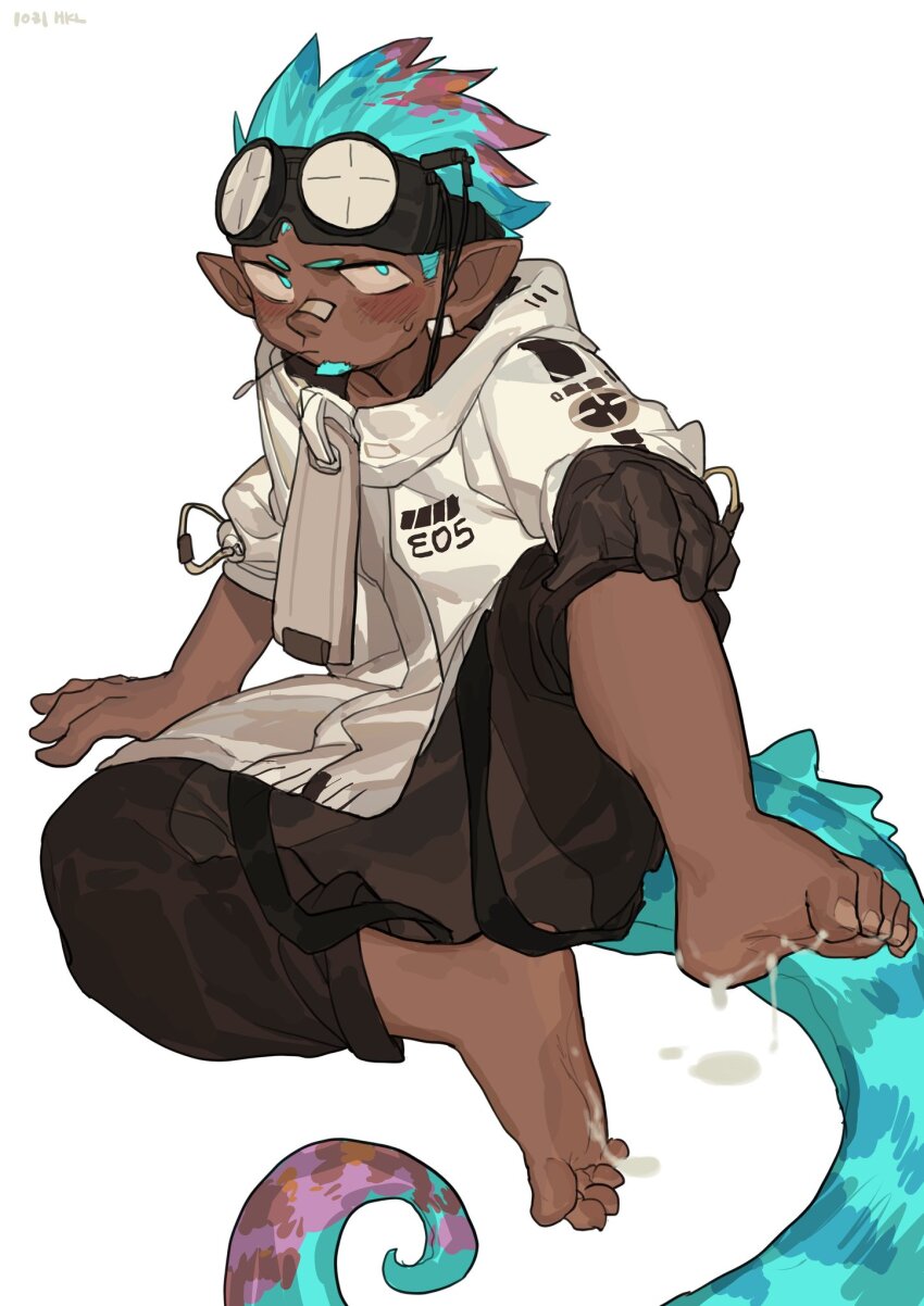 1boy arknights barefoot black_gloves black_pants blue_eyes blush chameleon_boy chameleon_tail chinese_commentary commentary_request ear_piercing ethan_(arknights) facial_hair gloves goatee goggles goggles_on_head highres jacket looking_at_viewer male_focus milkybot mouth_hold multicolored_hair oversized_zipper pants piercing pointy_ears single_glove stalk_in_mouth suggestive_fluid tail white_background white_jacket zipper