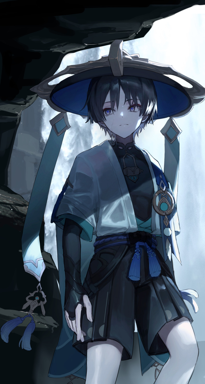 1boy absurdres armor black_hair cave closed_mouth commentary es-ther genshin_impact hair_between_eyes hat highres japanese_armor japanese_clothes jingasa kote kurokote male_focus purple_eyes scaramouche_(genshin_impact) see-through_clothes solo tassel vision_(genshin_impact) wanderer_(genshin_impact) water waterfall wet wet_clothes