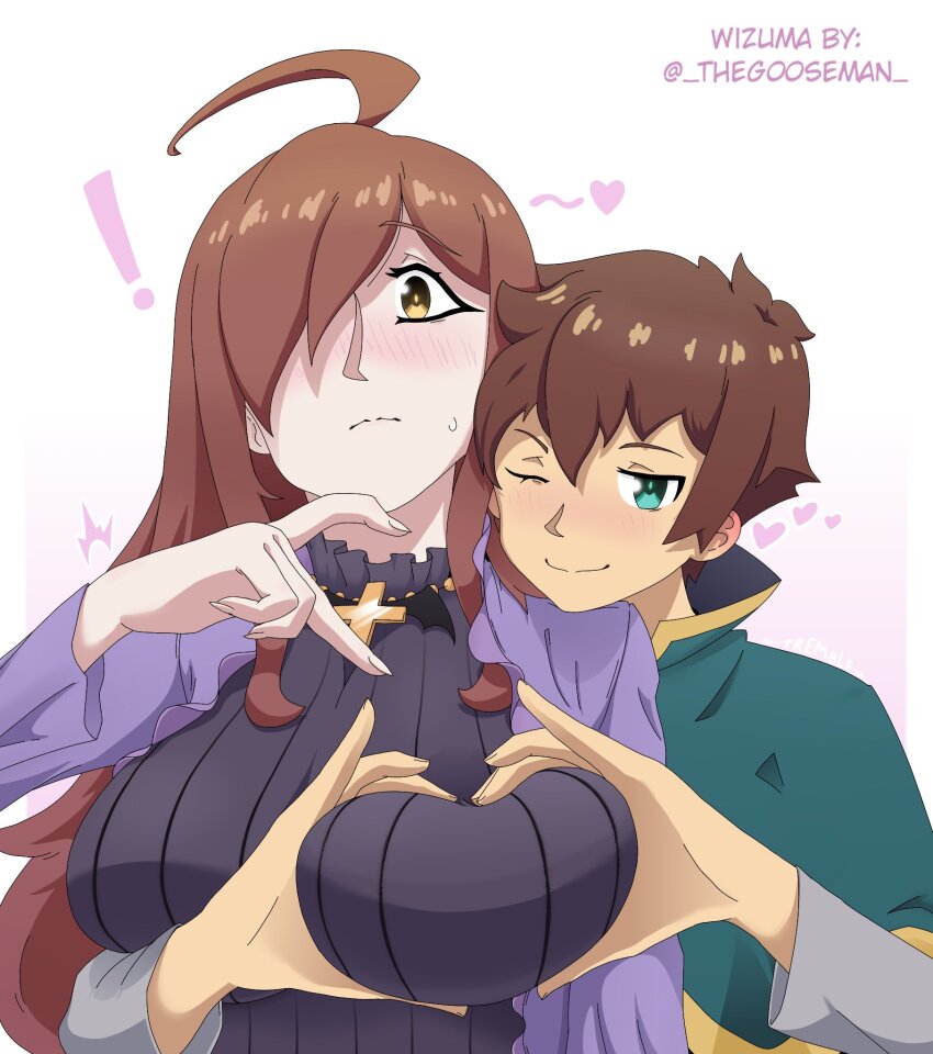 ! 1boy 1girl ahoge blush brown_hair couple embarrassed grabbing_another&#039;s_breast green_eyes groping heart heart_hands highres ivan_the_goose kono_subarashii_sekai_ni_shukufuku_wo! long_hair long_sleeves looking_at_viewer one_eye_closed one_eye_covered satou_kazuma short_hair white_background wink wiz_(konosuba)