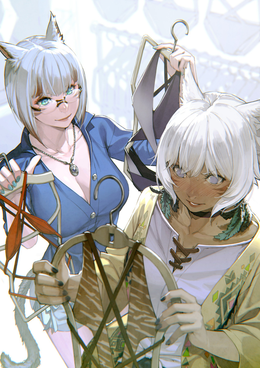 2girls absurdres animal_ears animal_print aqua_nails bikini black_nails blue_eyes blurry blurry_background blush breasts brown_hair cat_ears cat_tail cleavage closed_mouth clothes_hanger collarbone commentary_request dark-skinned_female dark_skin earrings eyelashes eyes_visible_through_hair eyeshadow f&#039;lhaminn_qesh facial_mark feather_earrings feathers final_fantasy final_fantasy_xiv fingernails glasses grey_hair highres holding holding_clothes_hanger holding_unworn_clothes jewelry kyo_(kuroichigo) large_breasts lingerie looking_at_another looking_at_object makeup miqo&#039;te multicolored_hair multiple_girls nail_polish necklace nose_blush parted_lips purple_eyes red_eyeshadow round_eyewear short_hair slit_pupils smile streaked_hair sweat swimsuit swimsuit_hanger tail tiger_print underwear v-shaped_eyebrows whisker_markings white_hair y&#039;shtola_rhul