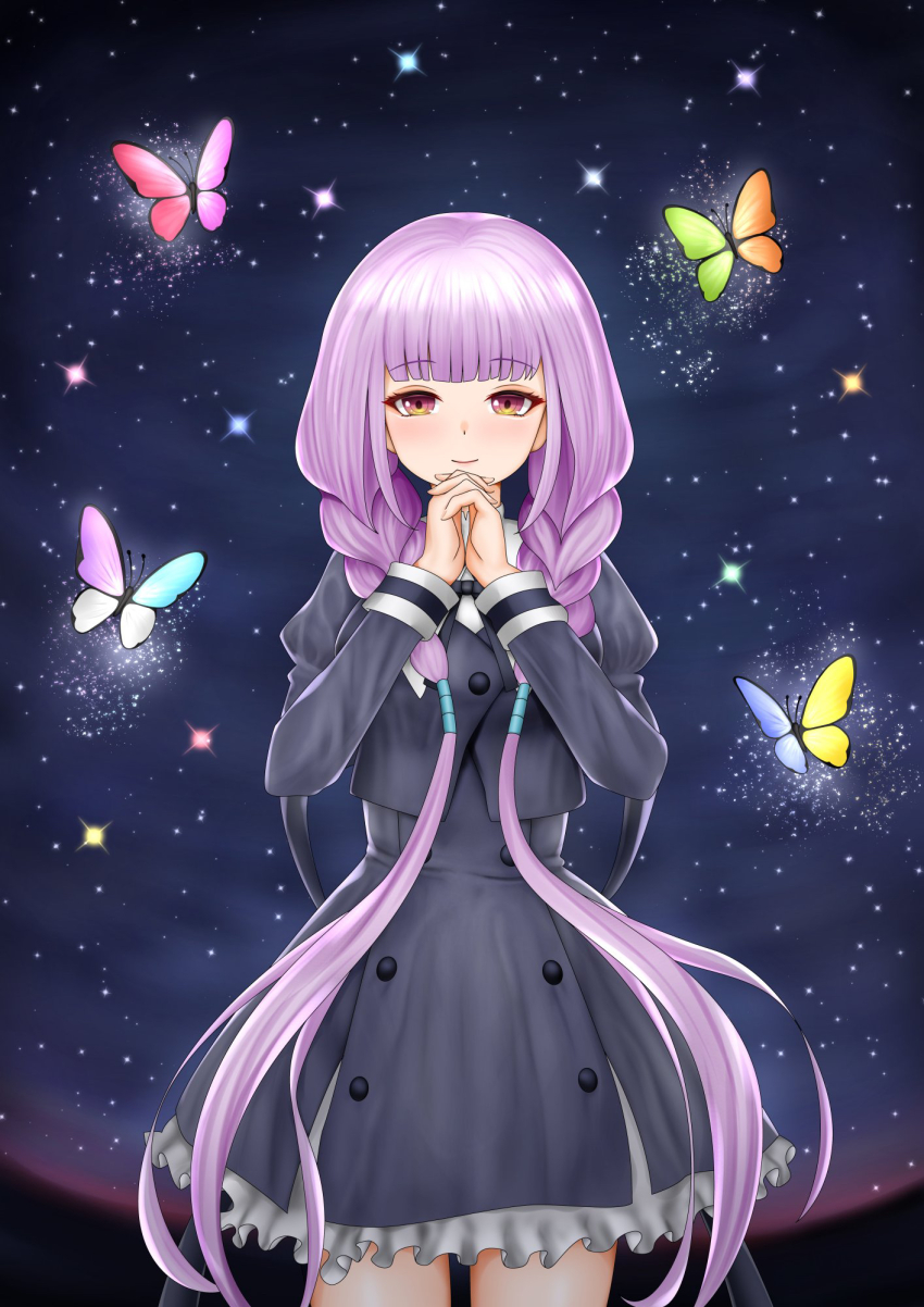 1girl assault_lily black_ribbon black_skirt blue_butterfly blunt_bangs blush braid bug butterfly buttons closed_mouth commentary_request cowboy_shot cropped_jacket frilled_skirt frills green_butterfly hands_up high-waist_skirt highres hitotsuyanagi_yuri imai_tomohiro insect interlocked_fingers juliet_sleeves light_smile long_hair long_sleeves looking_at_viewer low_twin_braids low_twintails multicolored_butterfly multicolored_eyes neck_ribbon night night_sky orange_butterfly outdoors own_hands_together pink_butterfly puffy_sleeves purple_butterfly purple_eyes purple_hair ribbon school_uniform skirt sky solo standing star_(sky) starry_sky twin_braids twintails very_long_hair white_butterfly yellow_butterfly yellow_eyes yurigaoka_girls_academy_school_uniform