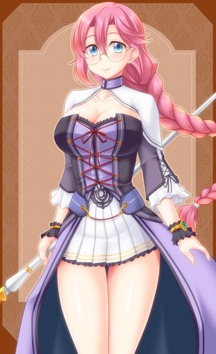 1girl black_wrist_cuffs blue_eyes braid breasts cleavage detached_sleeves double-parted_bangs eiyuu_densetsu emma_millstein floating_hair frilled_wrist_cuffs frills glasses hair_between_eyes highres holding holding_staff large_breasts long_hair looking_at_viewer mage_staff pink_hair sen_no_kiseki sen_no_kiseki_(series) sen_no_kiseki_ii single_braid smile solo staff utomo wrist_cuffs