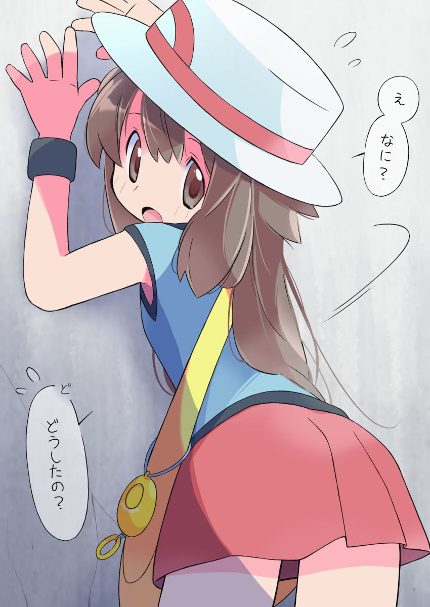 1girl bag blue_shirt breasts brown_eyes brown_hair commentary_request cowboy_shot flying_sweatdrops from_behind hair_between_eyes hand_on_wall hat highres leaf_(pokemon) long_hair looking_at_viewer looking_back miniskirt motion_lines nintendo open_mouth pleated_skirt pokemon pokemon_frlg rascal_(feuille) red_skirt shirt shoulder_bag skirt sleeveless sleeveless_shirt small_breasts speech_bubble standing white_hat wristband yellow_bag