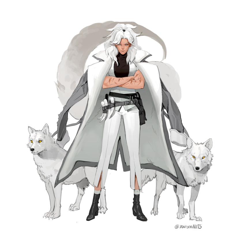 1girl absurdres alternate_costume animal ankle_boots belt_pouch black_footwear black_shirt boots breasts coat coat_on_shoulders commentary contemporary crossed_arms english_commentary full_body grey_coat grey_eyes high_ponytail highres large_breasts legs_apart long_hair long_sleeves looking_at_viewer mononoke_hime moro_(mononoke_hime) moro_no_ichizoku mother_and_child pants parted_bangs personification plush_brain ponytail pouch scar scar_on_arm shirt short_sleeves simple_background smile standing tail toned toned_female turtleneck tusks twitter_username vest white_background white_hair white_pants white_vest white_wolf wolf wolf_tail yellow_eyes
