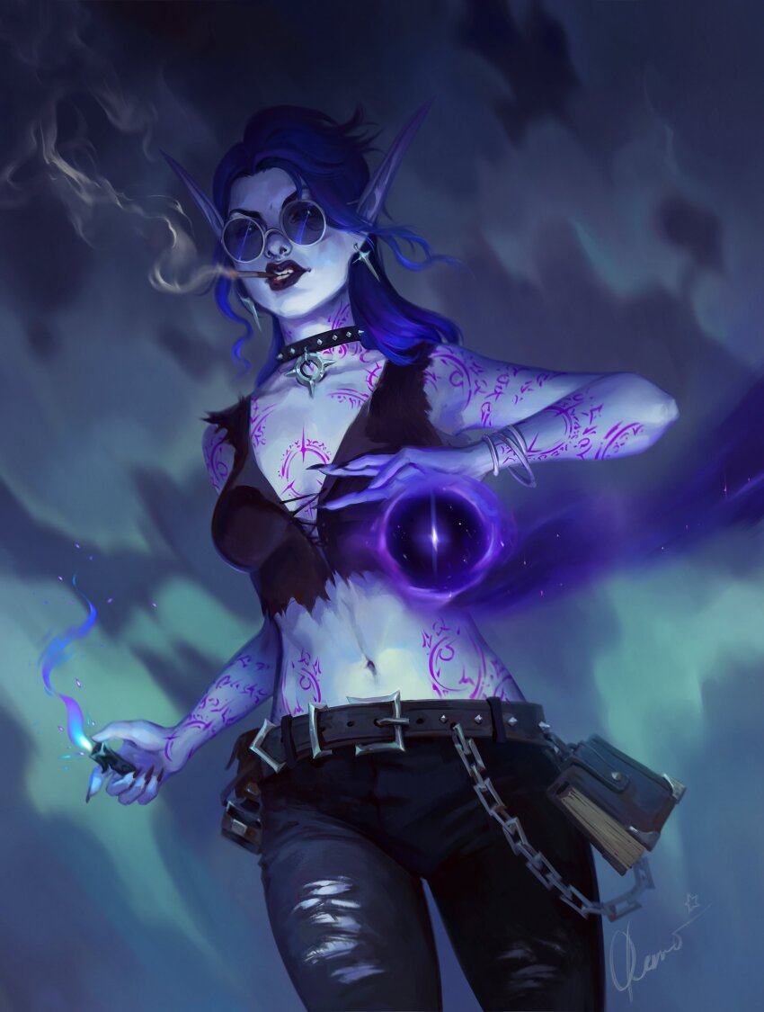 1girl absurdres arm_tattoo belt black_belt black_choker black_pants black_shirt blue-tinted_eyewear blue_hair blue_skin bracelet breasts choker colored_skin crop_top earrings glasses highres holding holding_lighter jewelry kueshka lighter looking_at_viewer magic medium_breasts midriff navel pants pendant_choker pointy_ears round_eyewear shirt signature sleeveless sleeveless_shirt smoking solo tattoo tinted_eyewear torn_clothes torn_pants torn_shirt void_elf warcraft