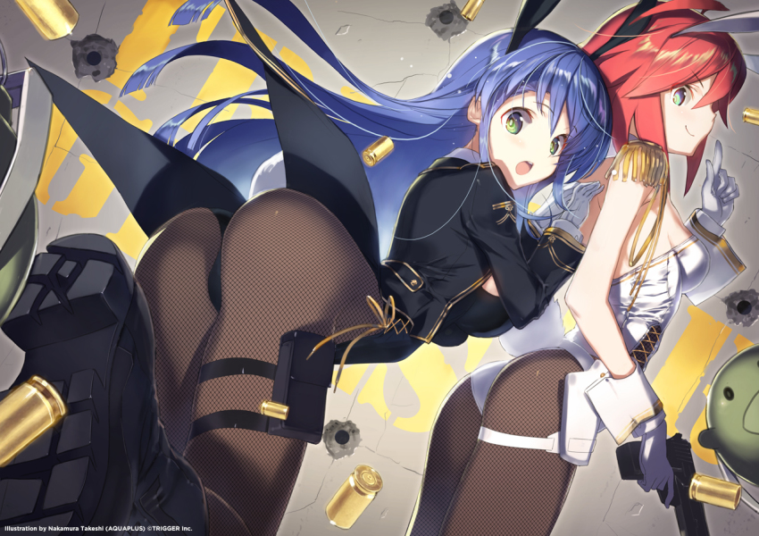 :o animal_ears aqua_eyes ass bullets explosive fake_animal_ears green_eyes gun idol leotard military military_uniform muzzle_(trigger) nakamura_takeshi open_mouth orange_hair pantyhose playboy_bunny purple_hair rabbit_ears rabbit_tail smile tail thigh_strap trigger-chan trigger_(company) weapon