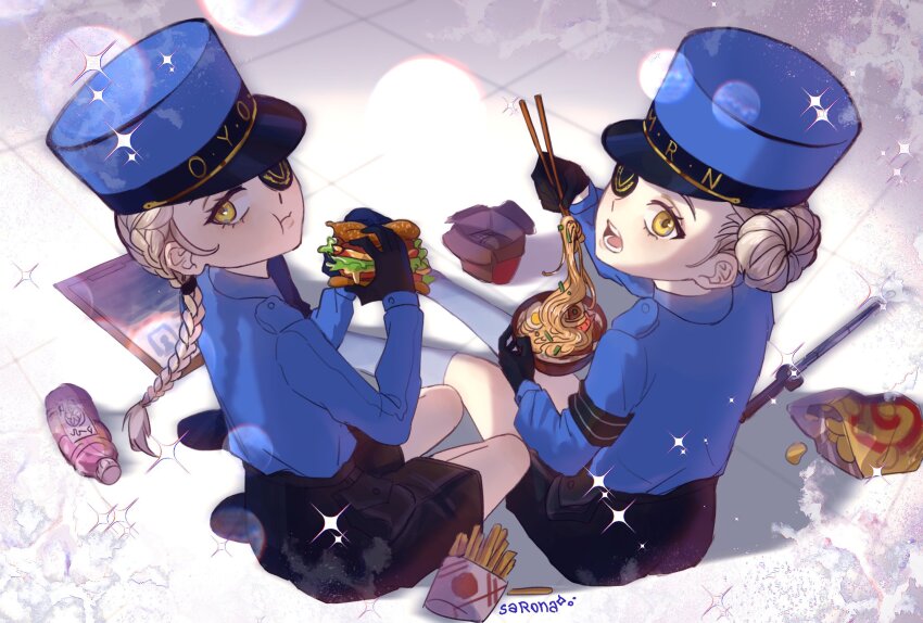 2girls :t baton_(weapon) black_gloves black_shorts blue_hat bottle braid burger caroline_(persona_5) chips_(food) chopsticks commentary eating english_commentary eyepatch food french_fries from_above gloves grey_hair hair_bun hat highres holding holding_burger holding_chopsticks holding_food justine_(persona_5) long_sleeves looking_at_viewer multiple_girls open_mouth oyster_pail peaked_cap persona persona_5 potato_chips sarona shorts siblings sisters twins weapon yellow_eyes