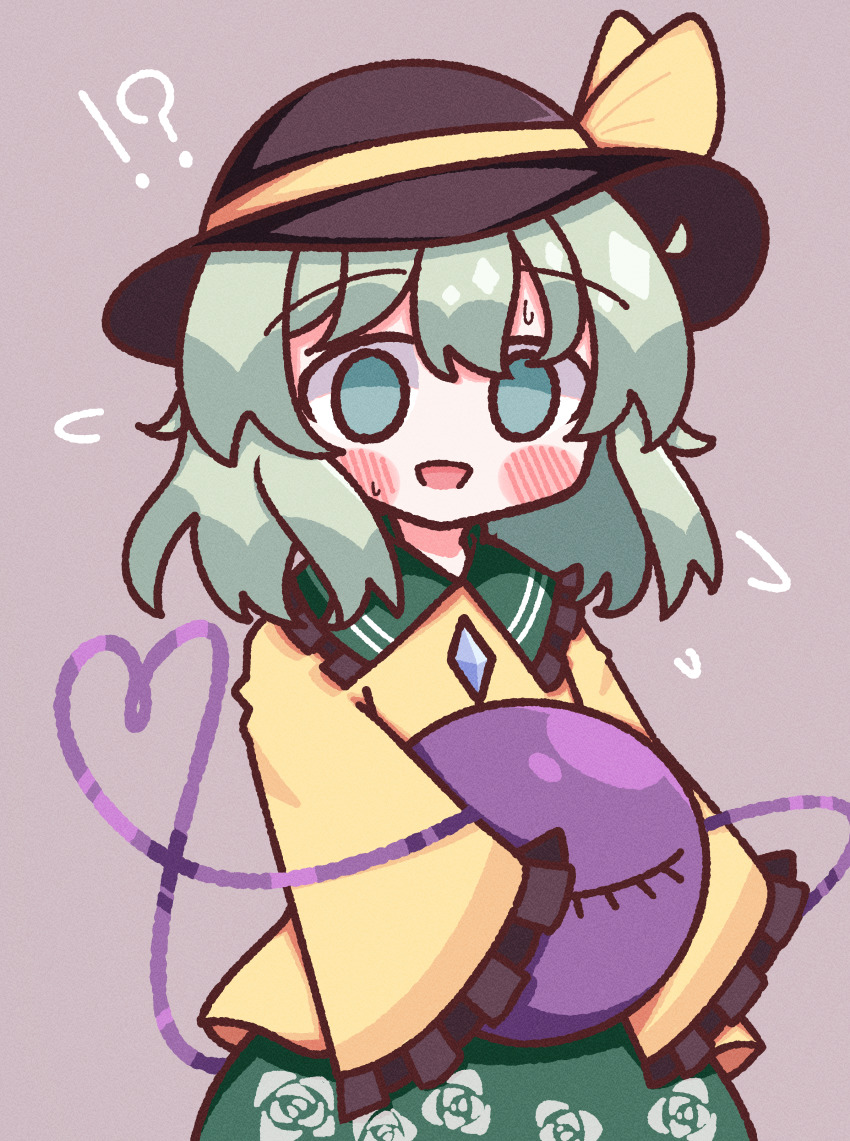 !? 1girl :d absurdres blush_stickers bow buttons collar diamond_button floral_print flower frilled_collar frilled_sleeves frills green_eyes green_hair green_skirt hat hat_bow heart heart_of_string highres komeiji_koishi long_sleeves open_mouth purple_background rose rose_print shirt short_hair simple_background skirt sleeves_past_fingers sleeves_past_wrists smile solo third_eye touhou waroemon yellow_bow yellow_shirt