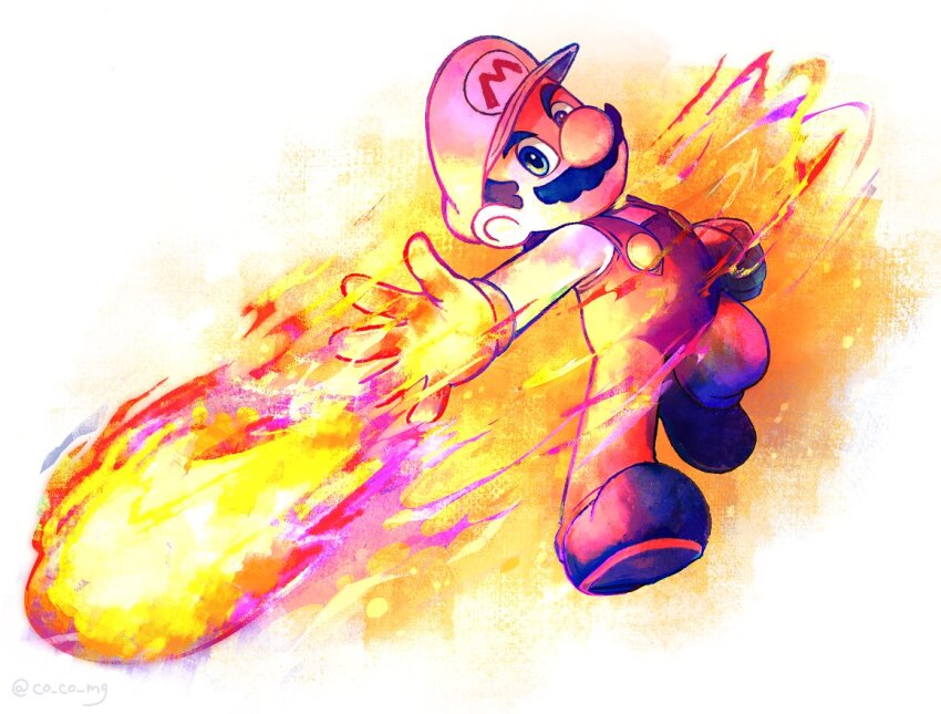 1boy blue_eyes boots co_co_mg facial_hair fire_mario fireball gloves hat mario mario_(series) mustache nintendo overalls shirt simple_background super_mario_bros._1 white_headwear white_shirt