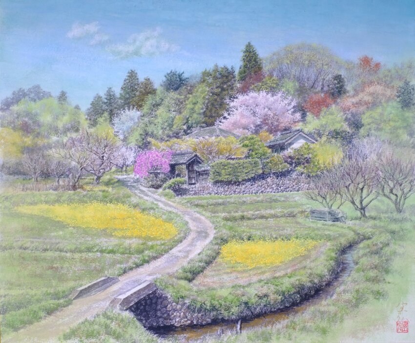 0zolvut2323nyus absurdres bare_tree bridge building bush cherry_blossoms garden grass hedge highres no_humans original painting_(medium) path pine_tree plant road scenery stone_wall traditional_media tree wall watercolor_(medium)