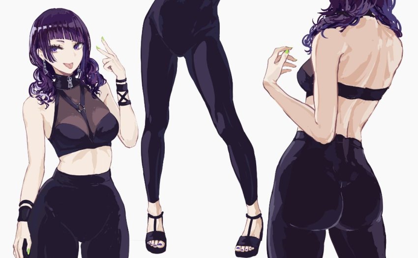 1girl ass back black_choker capri capri_pants choker close-up diagonal_bangs earrings green_nails high-waist_pants high_heels idolmaster idolmaster_shiny_colors jewelry midriff minyom nail_polish pants purple_hair sandals see-through_clothes short_twintails tanaka_mamimi tongue tongue_out twintails wristband