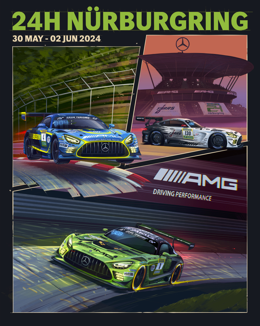 absurdres andrew_mytro blue_car car commentary english_commentary falken_tire fence forest getspeed_performance glowing green_car haupt_racing_team highres intercontinental_gt_challenge mercedes-benz mercedes-benz_amg_gt michelin michelin_man midair motion_blur motor_vehicle nature no_humans nurburgring official_art puma_(brand) racetrack shadow spoiler_(automobile) sponsor vehicle_focus white_car
