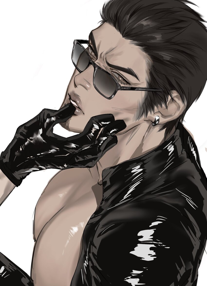 1boy bare_pectorals black_gloves black_hair black_jacket collared_jacket earrings finger_to_mouth gloves grey_eyes hair_slicked_back hand_on_another&#039;s_face highres jacket jewelry kiryu_kazuma large_pectorals looking_to_the_side male_focus open_clothes open_jacket parted_lips pectorals piercing popped_collar ryuu_ga_gotoku_(series) shiny_clothes short_hair sideburns sideways_glance solo solo_focus sotenborinpc sunglasses teeth white_background