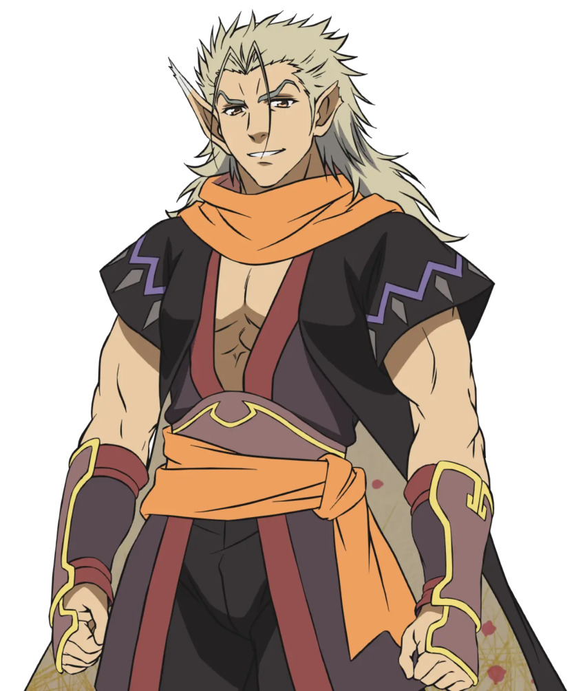 1boy abs ainu_clothes aquaplus biceps blonde_hair brown_eyes cape clenched_hands cowboy_shot gauntlets grin head_tilt highres long_hair looking_at_viewer messy_hair mikazuchi_(utawarerumono) muscular muscular_male nakata_masahiko nose official_art orange_scarf parted_lips pectorals pectorals pointy_ears scarf short_sleeves smile solo teeth transparent_background utawarerumono utawarerumono:_futari_no_hakuoro utawarerumono:_itsuwari_no_kamen white_fox_(company)