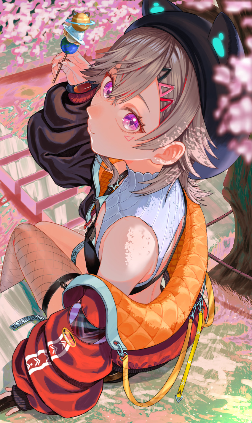 1girl absurdres animal_hat black_hat blonde_hair cat_hat closed_mouth dango facial_mark fishnet_thighhighs fishnets food hair_ornament hairclip hanami hat highres holding holding_skewer jacket komori_met komori_met_(5th_costume) looking_at_viewer looking_to_the_side off_shoulder open_clothes open_jacket outdoors pink_eyes single_thighhigh sitting skewer solo thighhighs tokishima_sikuka virtual_youtuber vspo! wagashi