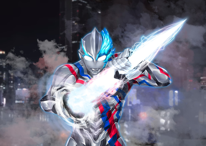 alien asymmetrical_horns blue_horns cityscape crystal finishing_move giant glowing glowing_eyes highres holding holding_weapon horns kagurabachi kagurabachi_pose_(meme) looking_at_viewer meme n0reception parody tokusatsu ultra_series ultraman_blazar ultraman_blazar_(series) weapon white_eyes
