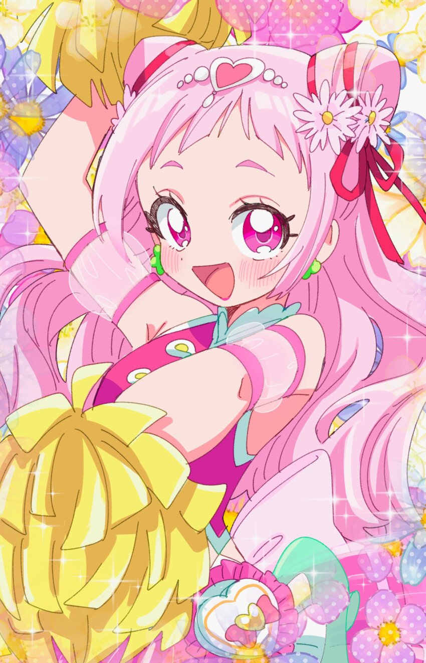 1girl absurdres back_bow blush bow commentary crop_top cure_yell detached_sleeves double_bun earrings eyelashes floral_background flower flower_earrings hair_bun hair_flower hair_ornament hair_ribbon highres holding holding_pom_poms hugtto!_precure jewelry lipstick looking_at_viewer magical_girl makeup nono_hana open_mouth pink_bow pink_eyes pink_hair pink_skirt pom_pom_(cheerleading) pom_poms precure puffy_short_sleeves puffy_sleeves red_ribbon ribbon see-through_clothes see-through_sleeves short_bangs short_sleeves skirt smile solo sukoyaka_(100hituzi) tareme upper_body wavy_mouth white_flower