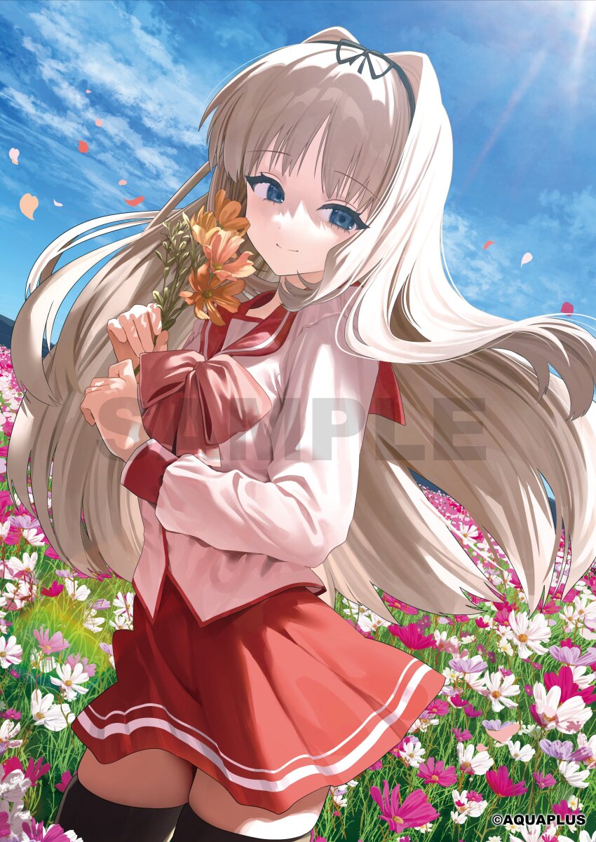 1girl absurdres black_thighhighs blonde_hair blue_eyes bow cloud cloudy_sky commentary_request floating_hair flower hair_intakes highres holding holding_flower horizontal-striped_skirt kusugawa_sasara long_hair outdoors petals pleated_skirt red_bow red_skirt sailor_collar sample_watermark school_uniform serafuku skirt sky smile solo tachibana_wataru_(123tsuki) thighhighs to_heart_(series) to_heart_2 watermark