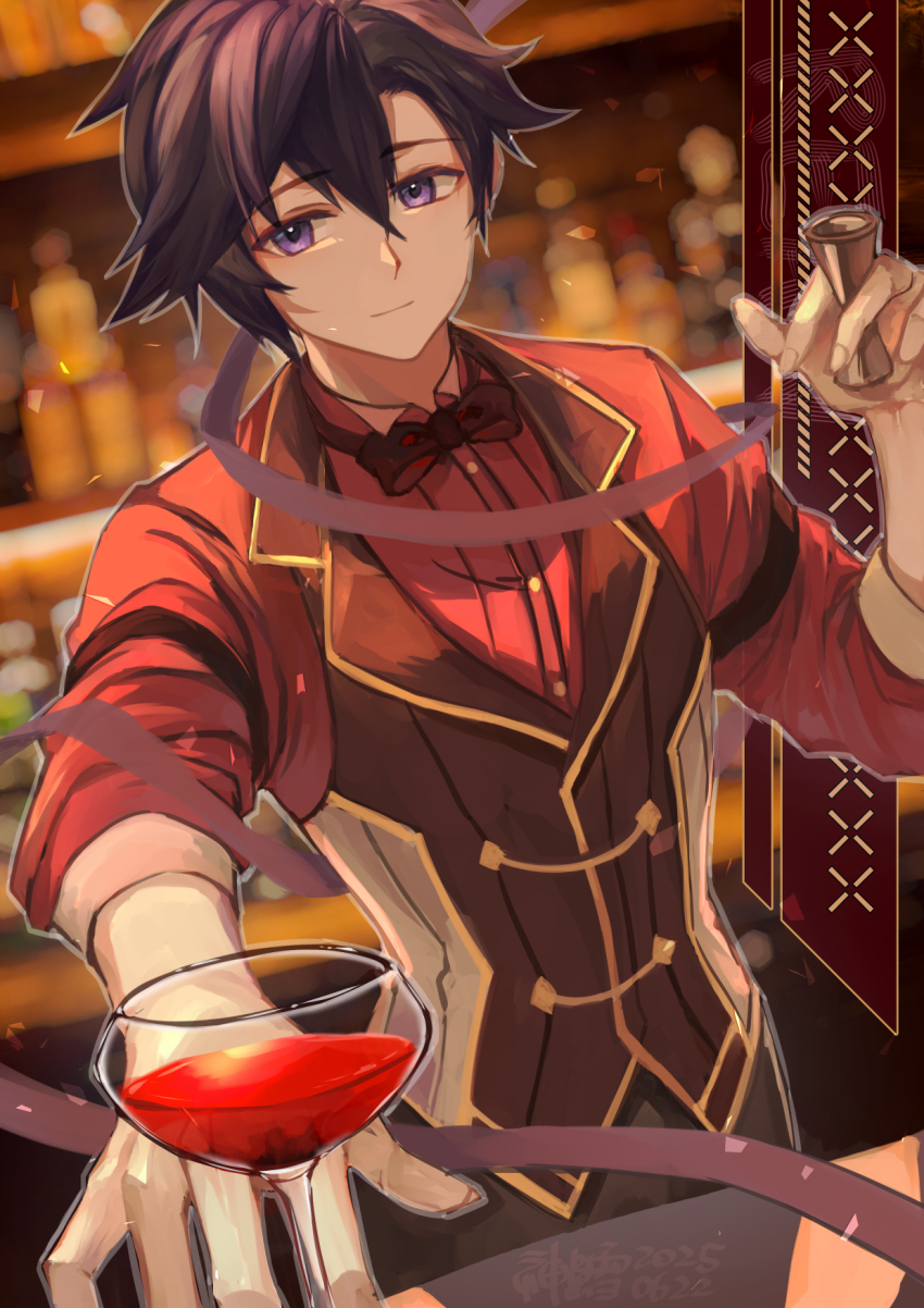 1boy bartender black_hair bow bowtie cocktail_glass cup drinking_glass eiyuu_densetsu hair_between_eyes highres holding holding_cup holding_jigger jigger kai_no_kiseki kuro_no_kiseki_(series) looking_at_viewer pov purple_eyes rean_schwarzer red_bow red_bowtie short_hair smile solo traditional_bowtie upper_body vest waistcoat willfin