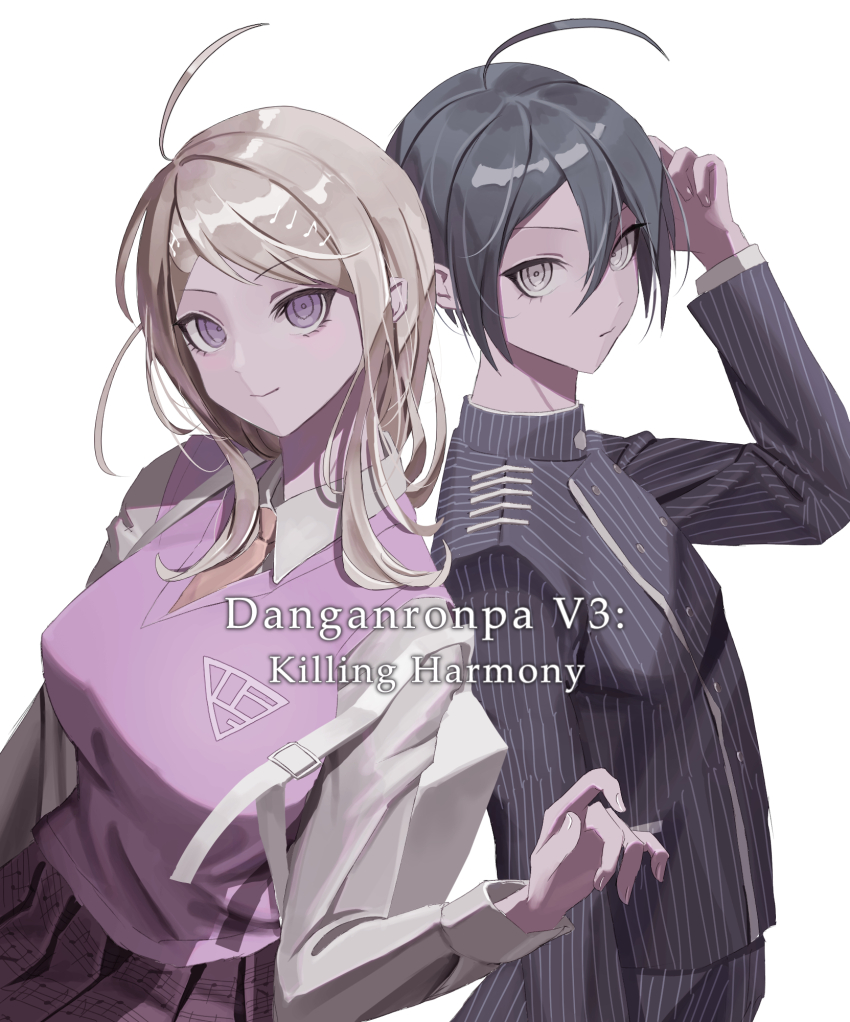 1boy 1girl ahoge akamatsu_kaede black_hair black_jacket blonde_hair breasts brown_eyes buttons collared_jacket collared_shirt commentary_request copyright_name crest danganronpa_(series) danganronpa_v3:_killing_harmony english_text eyelashes fortissimo hair_between_eyes hair_ornament highres jacket long_hair long_sleeves looking_at_viewer musical_note musical_note_hair_ornament musical_note_print necktie orange_necktie pants pink_sweater_vest pink_vest pinstripe_jacket pinstripe_pants pinstripe_pattern pleated_skirt ringed_eyes saihara_shuichi shirt short_hair simple_background skirt smile striped_clothes striped_jacket striped_pants sukizukiko sweater_vest upper_body vest white_background white_bag white_shirt