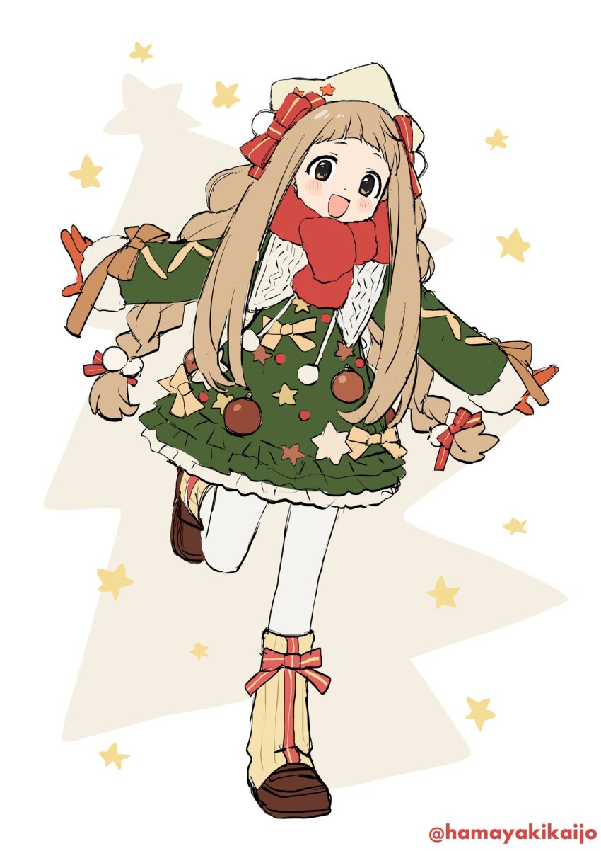 1girl :d blush bow braid brown_eyes brown_footwear brown_hair christmas_ornaments christmas_tree dress full_body green_dress hair_bow hamayakikaijo hat highres ichihara_nina idolmaster idolmaster_cinderella_girls idolmaster_cinderella_girls_u149 leg_up long_hair long_sleeves looking_at_viewer open_mouth outstretched_arms pantyhose smile solo standing standing_on_one_leg star_(symbol) star_print starfish striped_background twitter_username very_long_hair