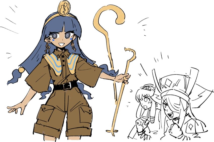 blue_hair brown_pants brown_shirt earrings fossilized_wonders highres hollow_song_of_birds jewelry kaibootsu michigami_nareko nebet_tefet pants set-taishou shirt touhou