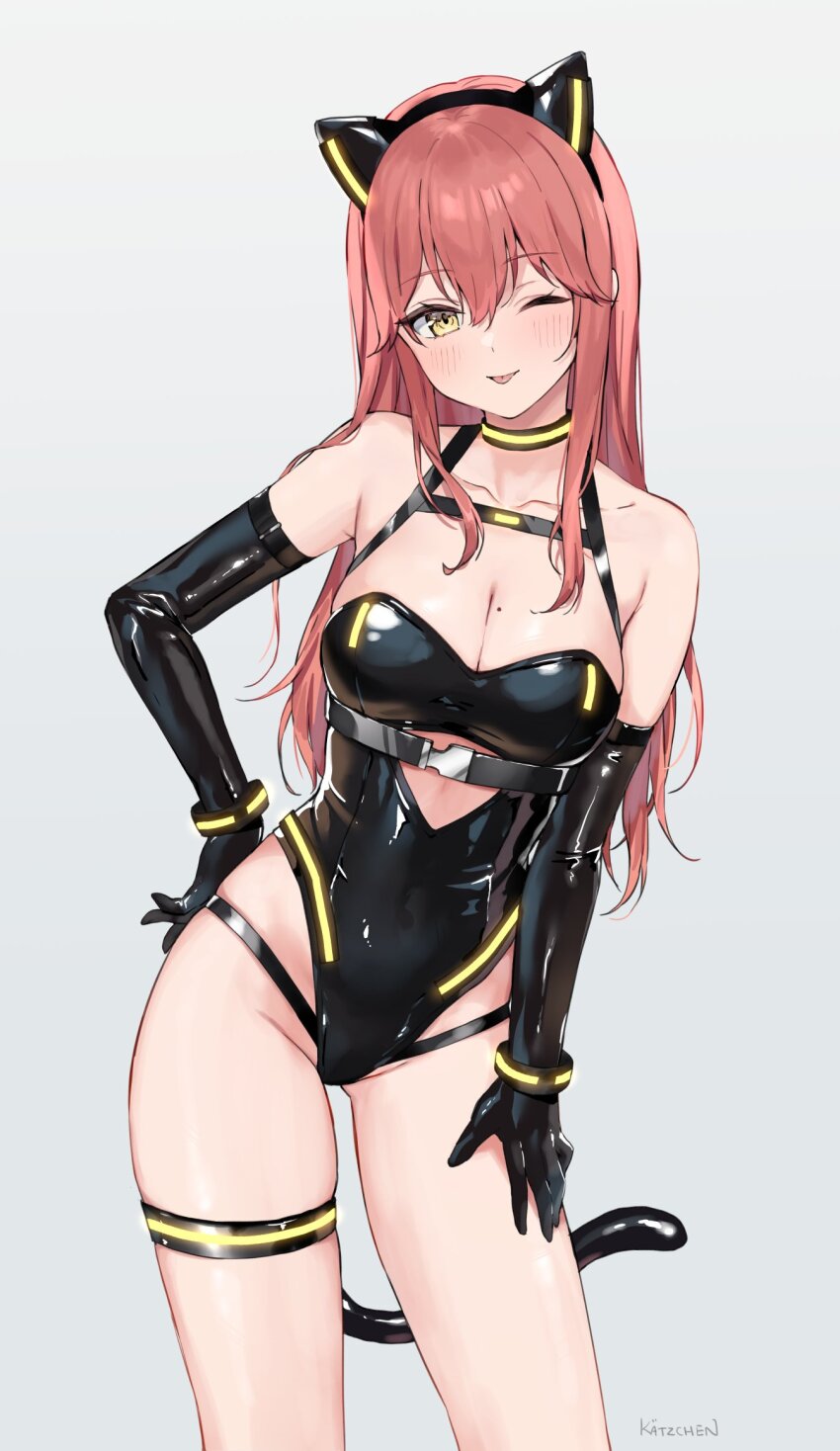 1girl animal_ears artist_name black_gloves black_leotard breasts cat_ears cat_tail cleavage collarbone fake_animal_ears garter_belt gloves grey_background hand_on_own_hip hand_on_own_thigh highres kaetzchen large_breasts leather leather_gloves leather_leotard leotard liliya_(kaetzchen) long_hair looking_at_viewer mole mole_on_breast one_eye_closed original red_hair simple_background solo standing tail tongue tongue_out