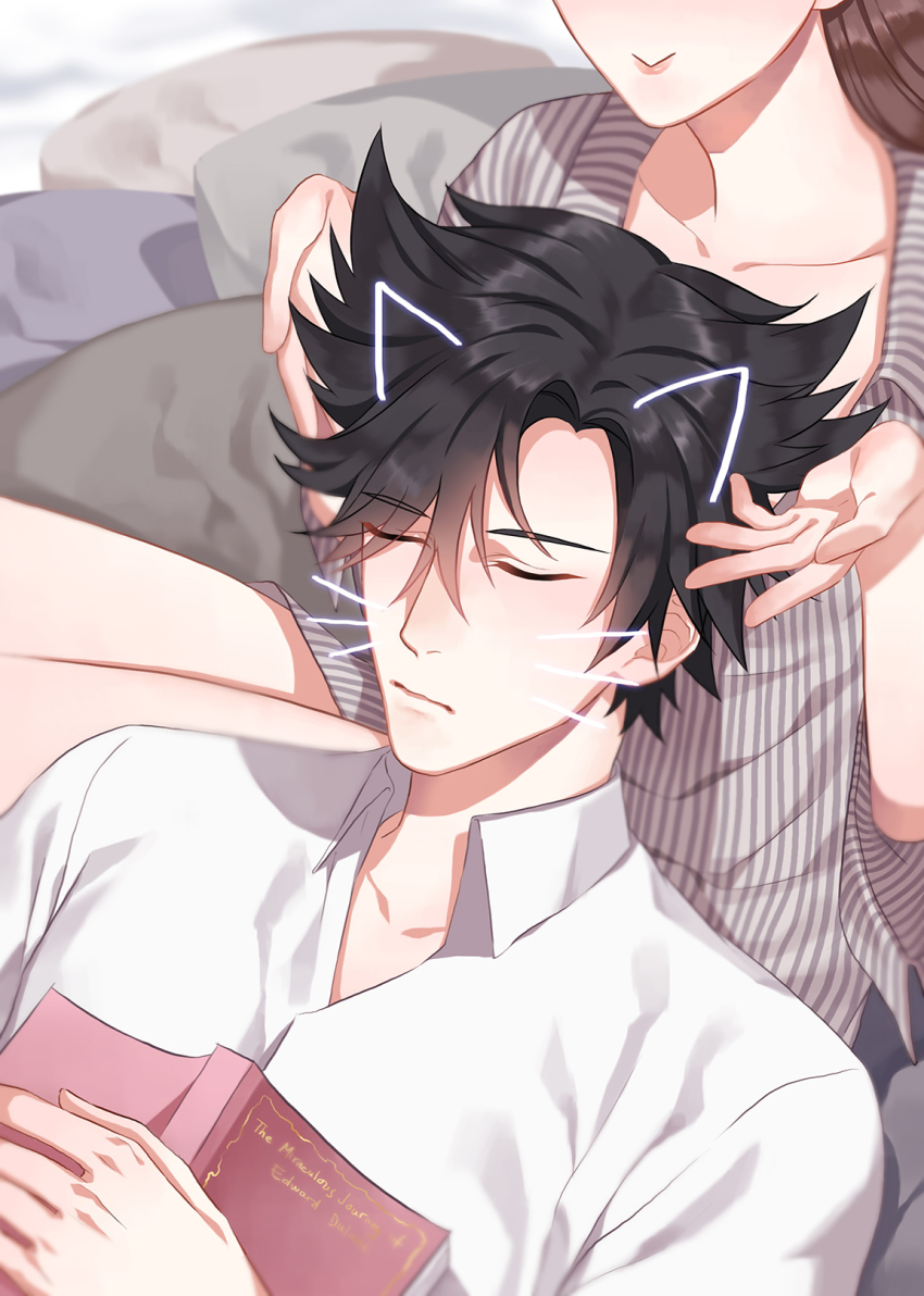 1boy 1girl :&gt; black_hair book closed_mouth collared_shirt drawn_ears drawn_whiskers grey_shirt han_jumin head_out_of_frame hetero highres lap_pillow necktie open_book orange_sekaii protagonist_(susanghan_messenger) shirt sleeping striped_clothes striped_shirt susanghan_messenger the_miraculous_journey_of_edward_tulane white_shirt