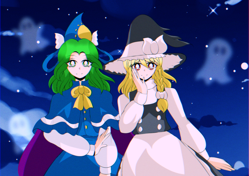 1990s_(style) black_hat black_skirt blonde_hair blue_dress blue_sky bow dress ghost green_eyes green_hair hat highres kirisame_marisa magician mima_(touhou) night night_sky red_eyes retro_artstyle skirt sky touhou white_sleeves yellow_bow yuuna_arlovskaya