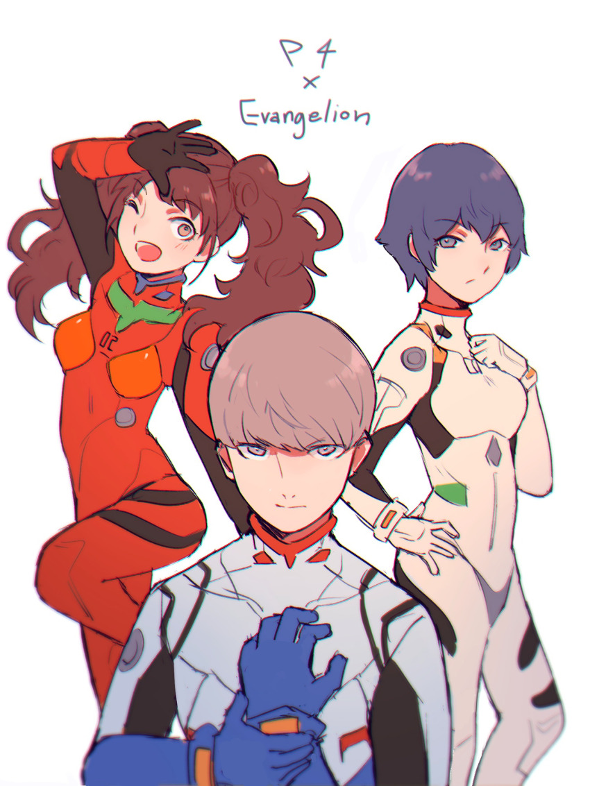 1boy 2girls ayanami_rei ayanami_rei_(cosplay) blue_eyes blue_hair blush bodysuit brown_eyes brown_hair copyright_name cosplay grey_eyes grey_hair hand_on_own_chest hand_on_own_hip hand_up highres ikari_shinji ikari_shinji_(cosplay) kujikawa_rise long_hair looking_at_viewer mecha_pilot_suit multiple_girls narukami_yu neon_genesis_evangelion one_eye_closed open_mouth persona persona_4 plugsuit_(evangelion) red_bodysuit shirogane_naoto short_hair simple_background smile souryuu_asuka_langley souryuu_asuka_langley_(cosplay) standing standing_on_one_leg tedty33 twintails white_background