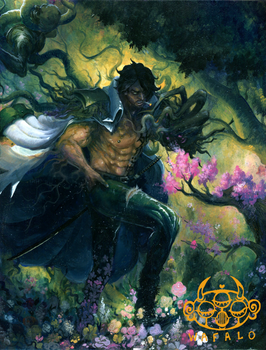1boy abs acrylic_paint_(medium) artist_logo artist_name belt belt_buckle black_hair branch buckle cherry_blossoms chest_tattoo cigarette coat coat_on_shoulders denim devil_fruit_power epaulettes florakinesis floral_print floral_print_pants flower green_hair green_pants hand_on_own_hip highres jeans katana logo male_focus muscular muscular_male nipples one_piece painting_(medium) pants pectorals pink_flower plant plant_roots ryokugyu_(one_piece) short_hair smoking solo_focus sword tattoo topless_male torn_clothes torn_jeans torn_pants traditional_media tree veins vines wafalo weapon white_coat yellow_flower