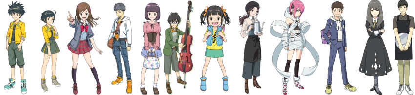 black_hair digimon digimon_rearise female_protagonist_(digimon_rearise) futami_eiji headphones highres hiiragi_takumi kohinata_mayu male_protagonist_(digimon_rearise) mon_(digimon_rearise) musical_note natsuyagi_kazuma official_art ribbon shinjo_michi shinkai_sara smile tamada_keito tamada_nozomi tsukimori_chihiro